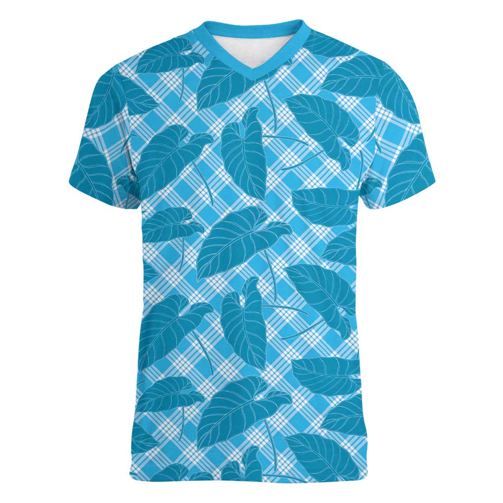 Blue Hawaii Kalo Palaka Motifs Women V-Neck T-Shirt Hawaiian Taro Leaves Elegant Vibes - Polynesian Pride