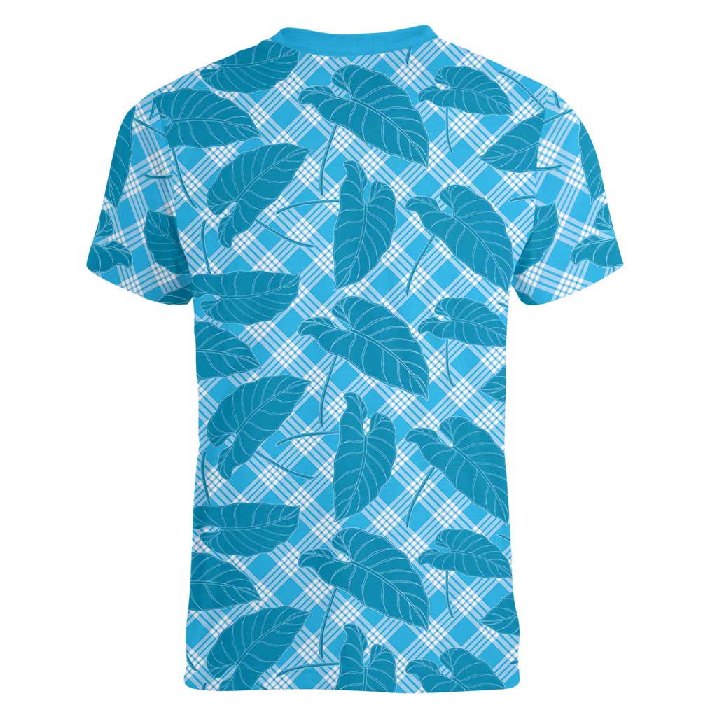 Blue Hawaii Kalo Palaka Motifs Women V-Neck T-Shirt Hawaiian Taro Leaves Elegant Vibes - Polynesian Pride