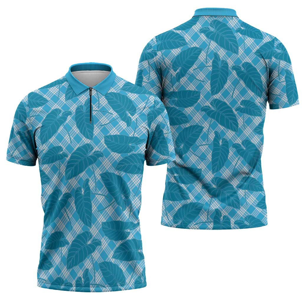 Blue Hawaii Kalo Palaka Motifs Zipper Polo Shirt Hawaiian Taro Leaves Elegant Vibes - Polynesian Pride