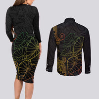 Aloha Hawaii Kalo Couples Matching Long Sleeve Bodycon Dress and Long Sleeve Button Shirt Reggae Taro Polynesian Pattern - Polynesian Pride
