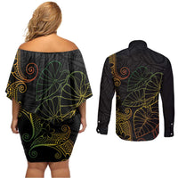 Aloha Hawaii Kalo Couples Matching Off Shoulder Short Dress and Long Sleeve Button Shirt Reggae Taro Polynesian Pattern - Polynesian Pride