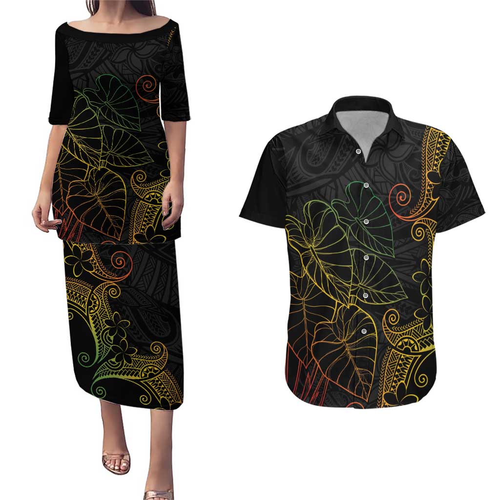 Aloha Hawaii Kalo Couples Matching Puletasi and Hawaiian Shirt Reggae Taro Polynesian Pattern LT14 Black - Polynesian Pride