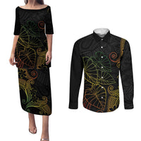 Aloha Hawaii Kalo Couples Matching Puletasi and Long Sleeve Button Shirt Reggae Taro Polynesian Pattern LT14 Black - Polynesian Pride
