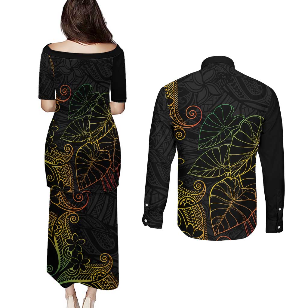 Aloha Hawaii Kalo Couples Matching Puletasi and Long Sleeve Button Shirt Reggae Taro Polynesian Pattern LT14 - Polynesian Pride