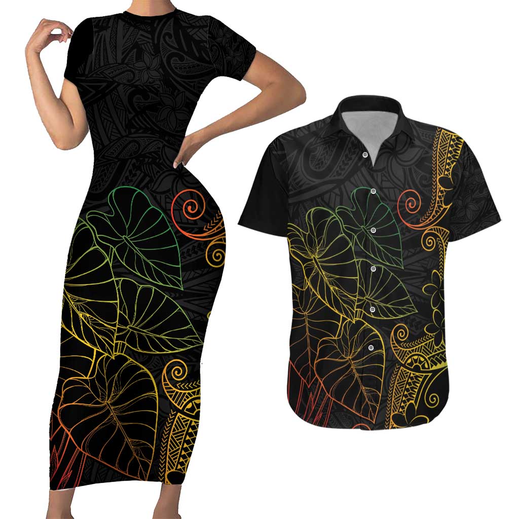 Aloha Hawaii Kalo Couples Matching Short Sleeve Bodycon Dress and Hawaiian Shirt Reggae Taro Polynesian Pattern - Polynesian Pride