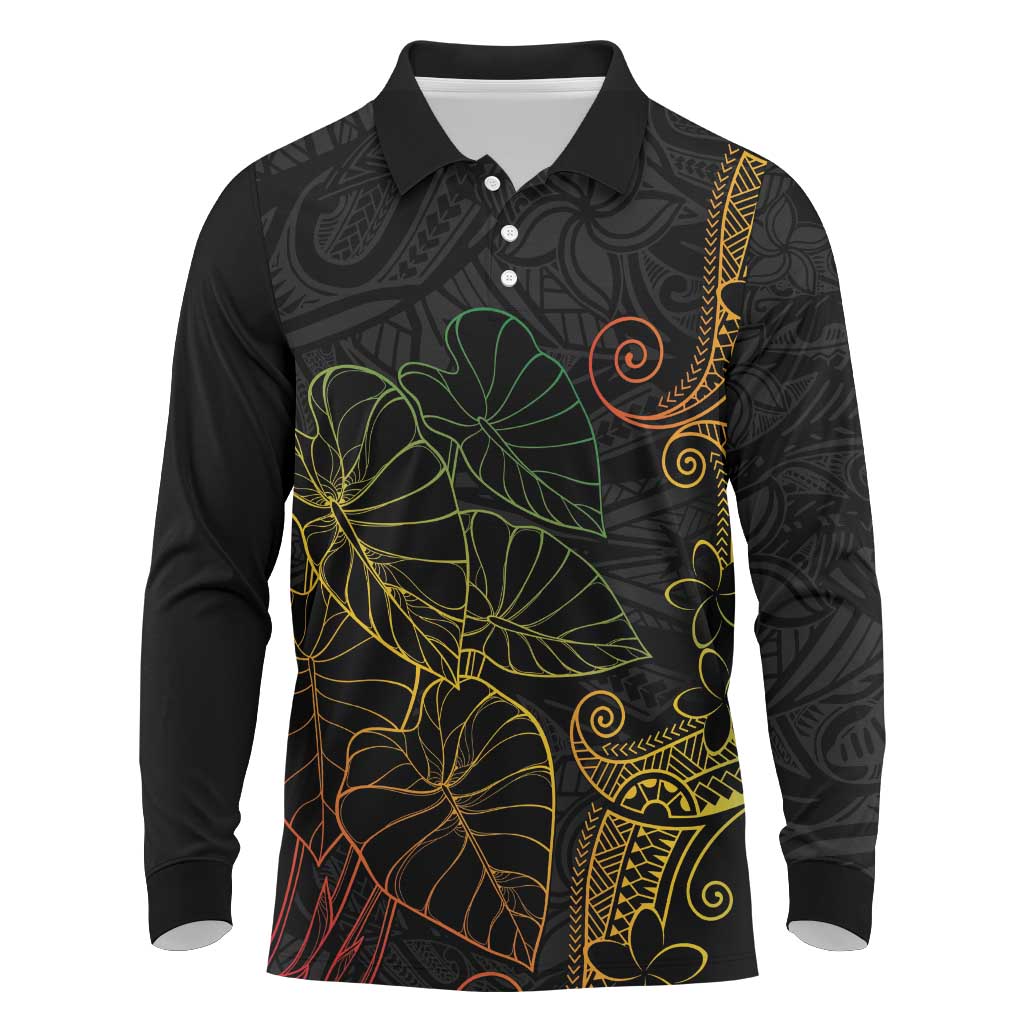 Aloha Hawaii Kalo Long Sleeve Polo Shirt Reggae Taro Polynesian Pattern LT14 Black - Polynesian Pride