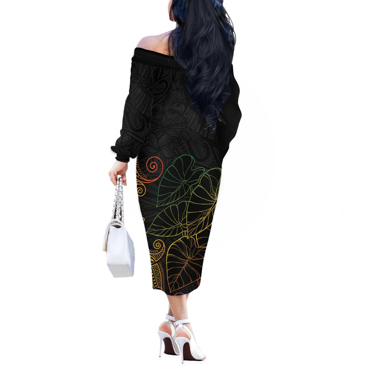 Aloha Hawaii Kalo Off The Shoulder Long Sleeve Dress Reggae Taro Polynesian Pattern - Polynesian Pride