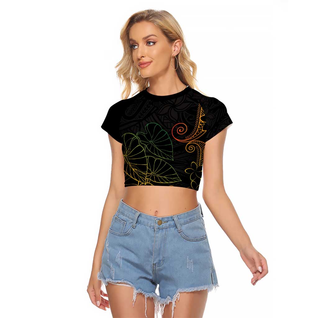 Aloha Hawaii Kalo Raglan Cropped T Shirt Reggae Taro Polynesian Pattern LT14 Female Black - Polynesian Pride