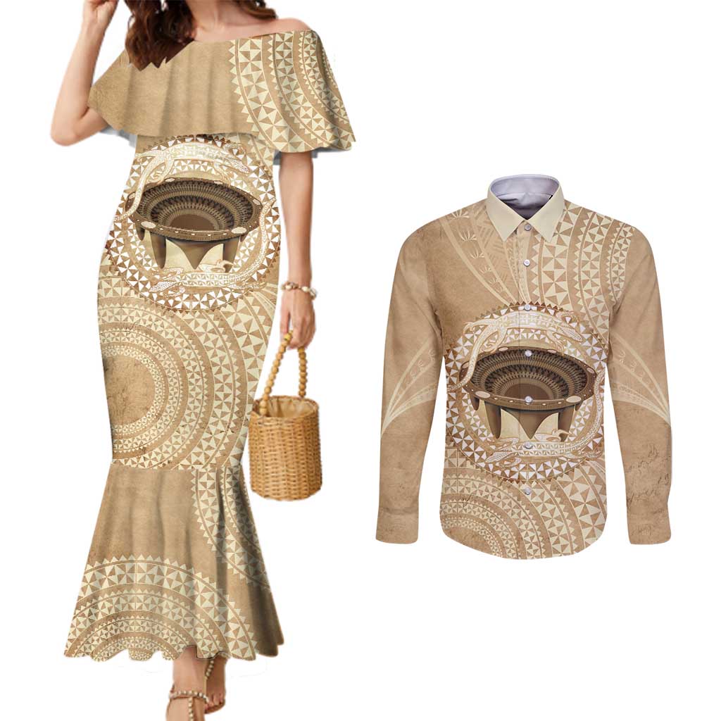 Tonga Skink Kava Bowl Couples Matching Mermaid Dress and Long Sleeve Button Shirt Vintage Tongan Ngatu Pattern LT14 Brown - Polynesian Pride