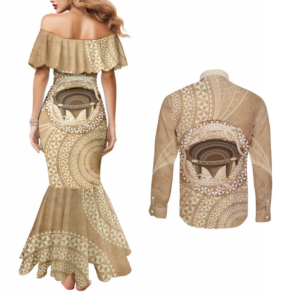 Tonga Skink Kava Bowl Couples Matching Mermaid Dress and Long Sleeve Button Shirt Vintage Tongan Ngatu Pattern LT14 - Polynesian Pride