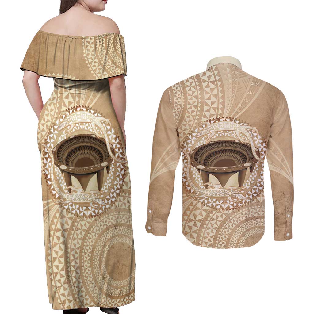 Tonga Skink Kava Bowl Couples Matching Off Shoulder Maxi Dress and Long Sleeve Button Shirt Vintage Tongan Ngatu Pattern LT14 - Polynesian Pride