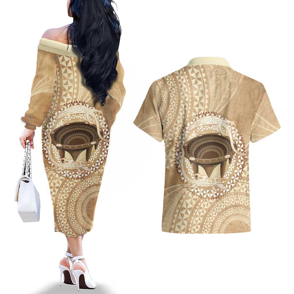 Tonga Skink Kava Bowl Couples Matching Off The Shoulder Long Sleeve Dress and Hawaiian Shirt Vintage Tongan Ngatu Pattern