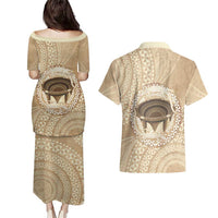 Tonga Skink Kava Bowl Couples Matching Puletasi and Hawaiian Shirt Vintage Tongan Ngatu Pattern
