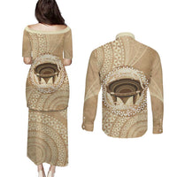 Tonga Skink Kava Bowl Couples Matching Puletasi and Long Sleeve Button Shirt Vintage Tongan Ngatu Pattern LT14 - Polynesian Pride