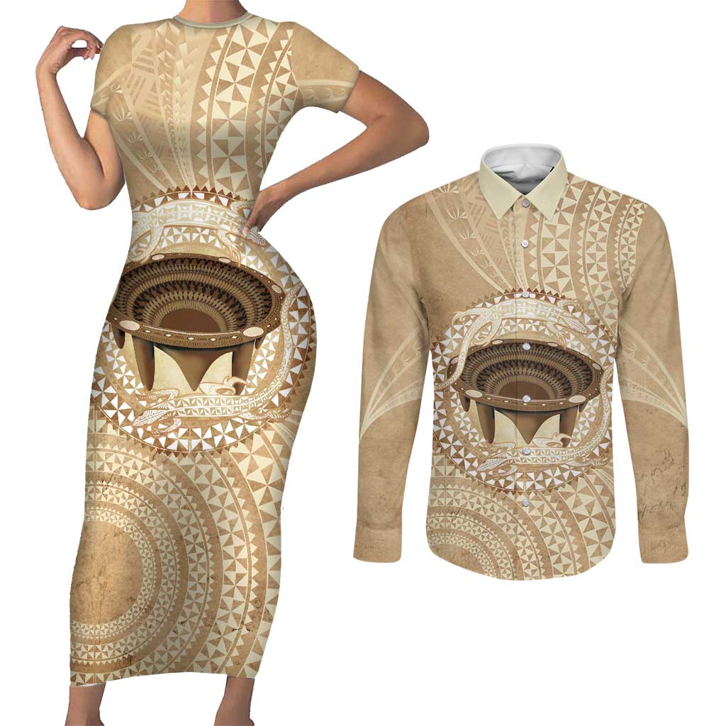 Tonga Skink Kava Bowl Couples Matching Short Sleeve Bodycon Dress and Long Sleeve Button Shirt Vintage Tongan Ngatu Pattern LT14 Brown - Polynesian Pride