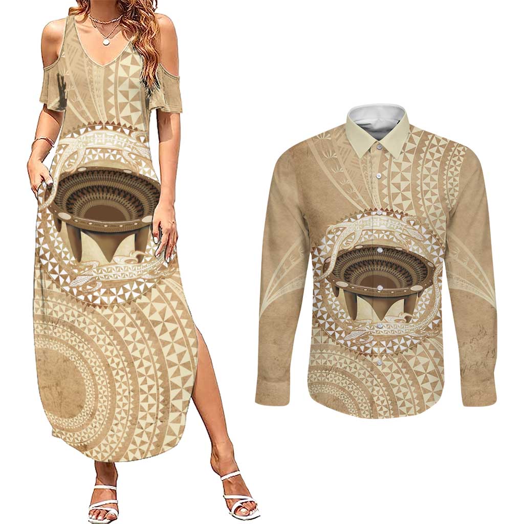 Tonga Skink Kava Bowl Couples Matching Summer Maxi Dress and Long Sleeve Button Shirt Vintage Tongan Ngatu Pattern LT14 Brown - Polynesian Pride