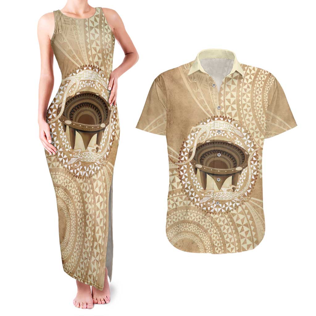 Tonga Skink Kava Bowl Couples Matching Tank Maxi Dress and Hawaiian Shirt Vintage Tongan Ngatu Pattern LT14 Brown - Polynesian Pride