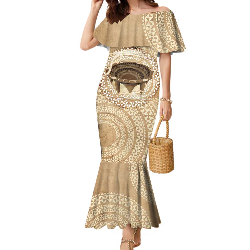 Tonga Skink Kava Bowl Family Matching Mermaid Dress and Hawaiian Shirt Vintage Tongan Ngatu Pattern