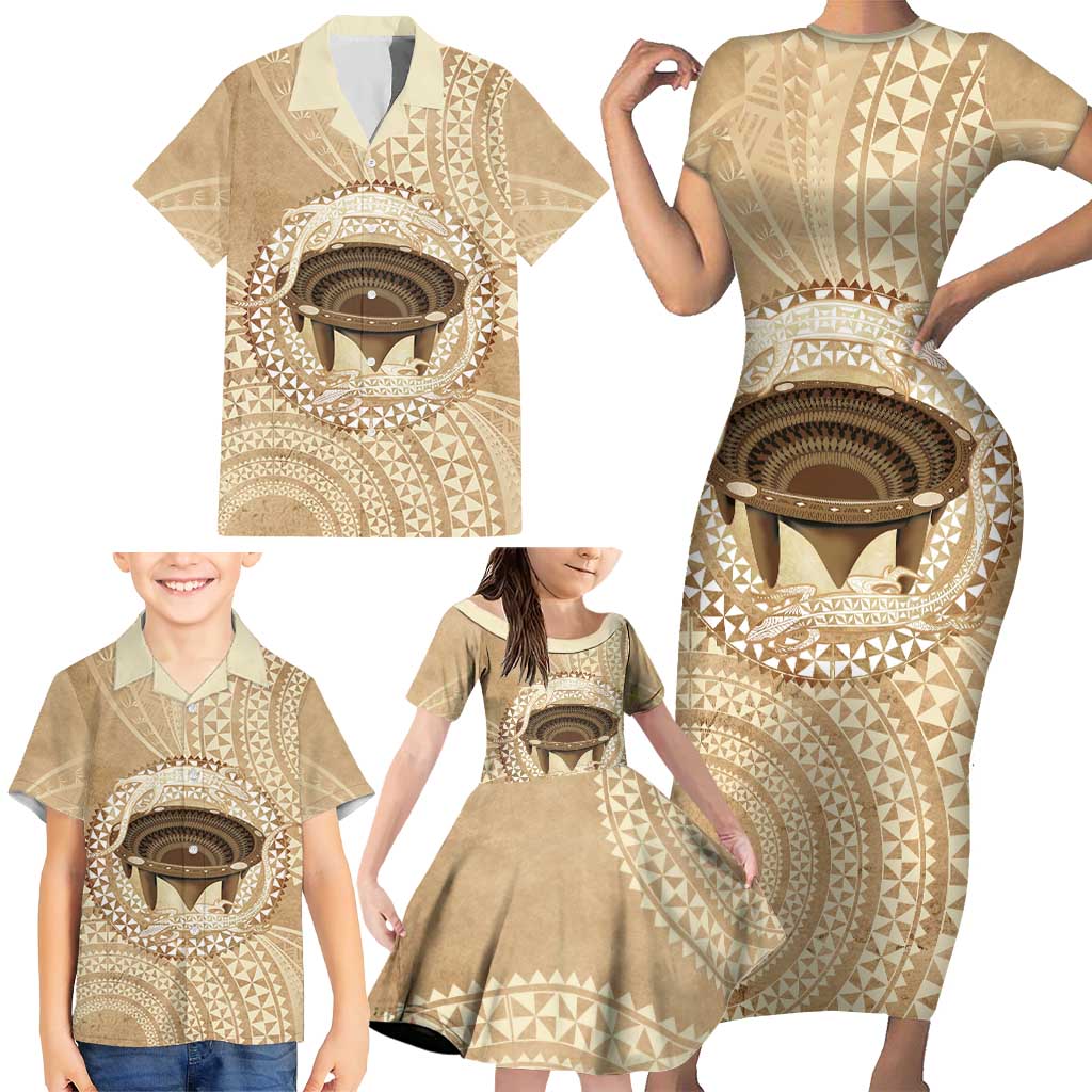 Tonga Skink Kava Bowl Family Matching Short Sleeve Bodycon Dress and Hawaiian Shirt Vintage Tongan Ngatu Pattern LT14 - Polynesian Pride