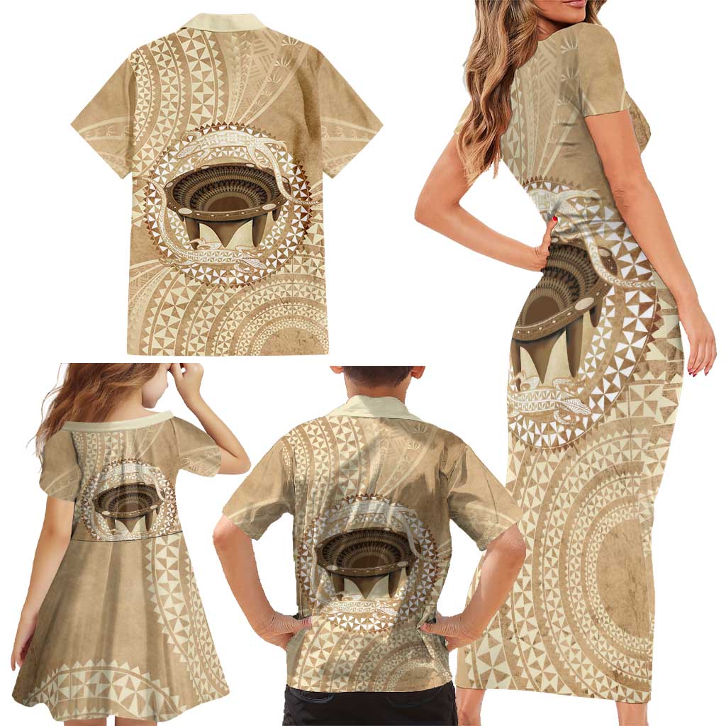 Tonga Skink Kava Bowl Family Matching Short Sleeve Bodycon Dress and Hawaiian Shirt Vintage Tongan Ngatu Pattern