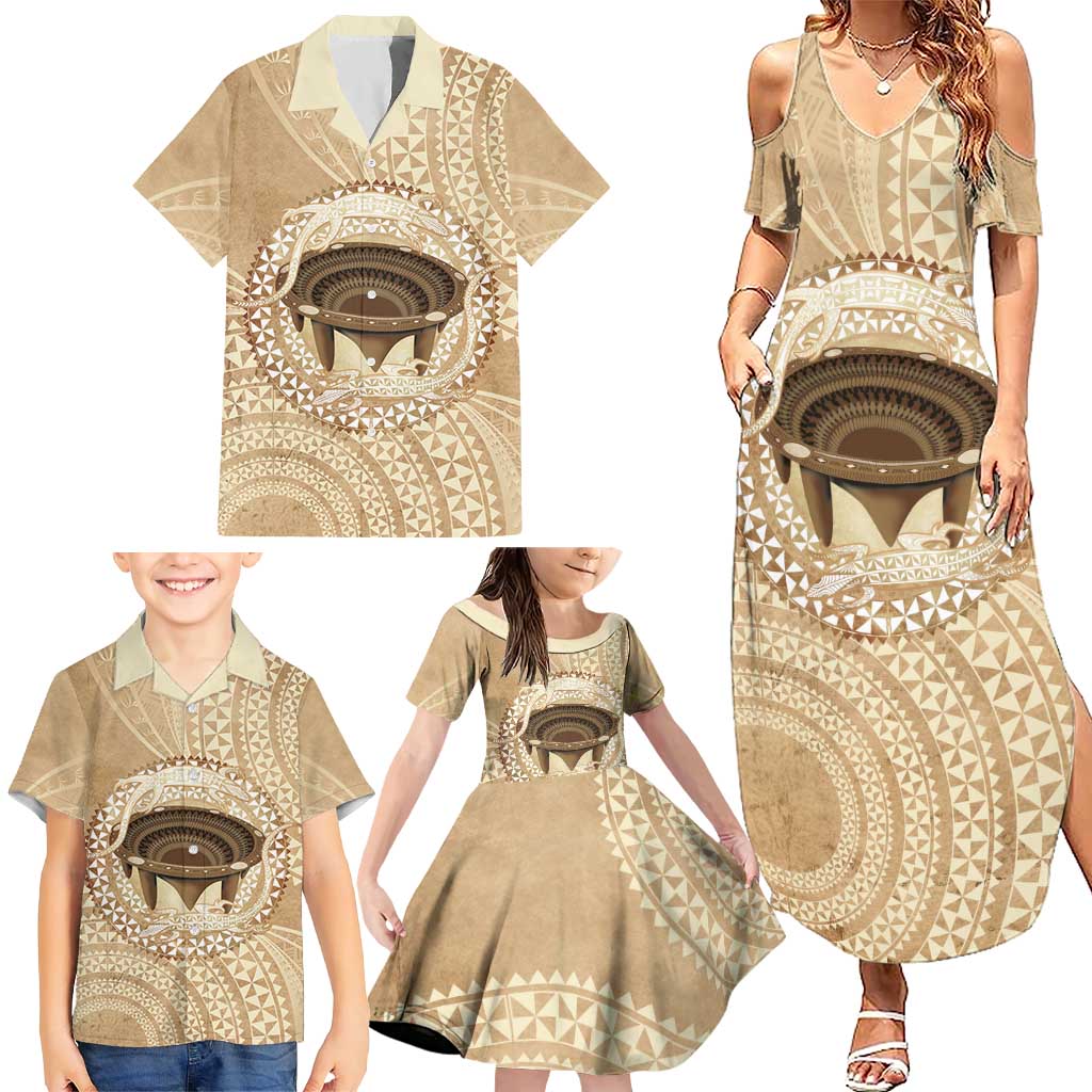 Tonga Skink Kava Bowl Family Matching Summer Maxi Dress and Hawaiian Shirt Vintage Tongan Ngatu Pattern