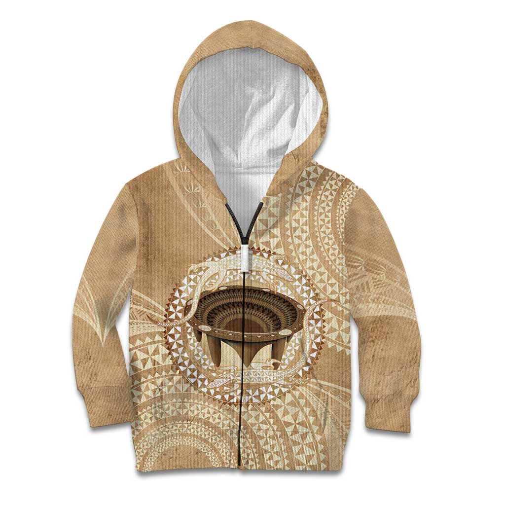 Tonga Skink Kava Bowl Kid Hoodie Vintage Tongan Ngatu Pattern LT14 Zip Hoodie Brown - Polynesian Pride