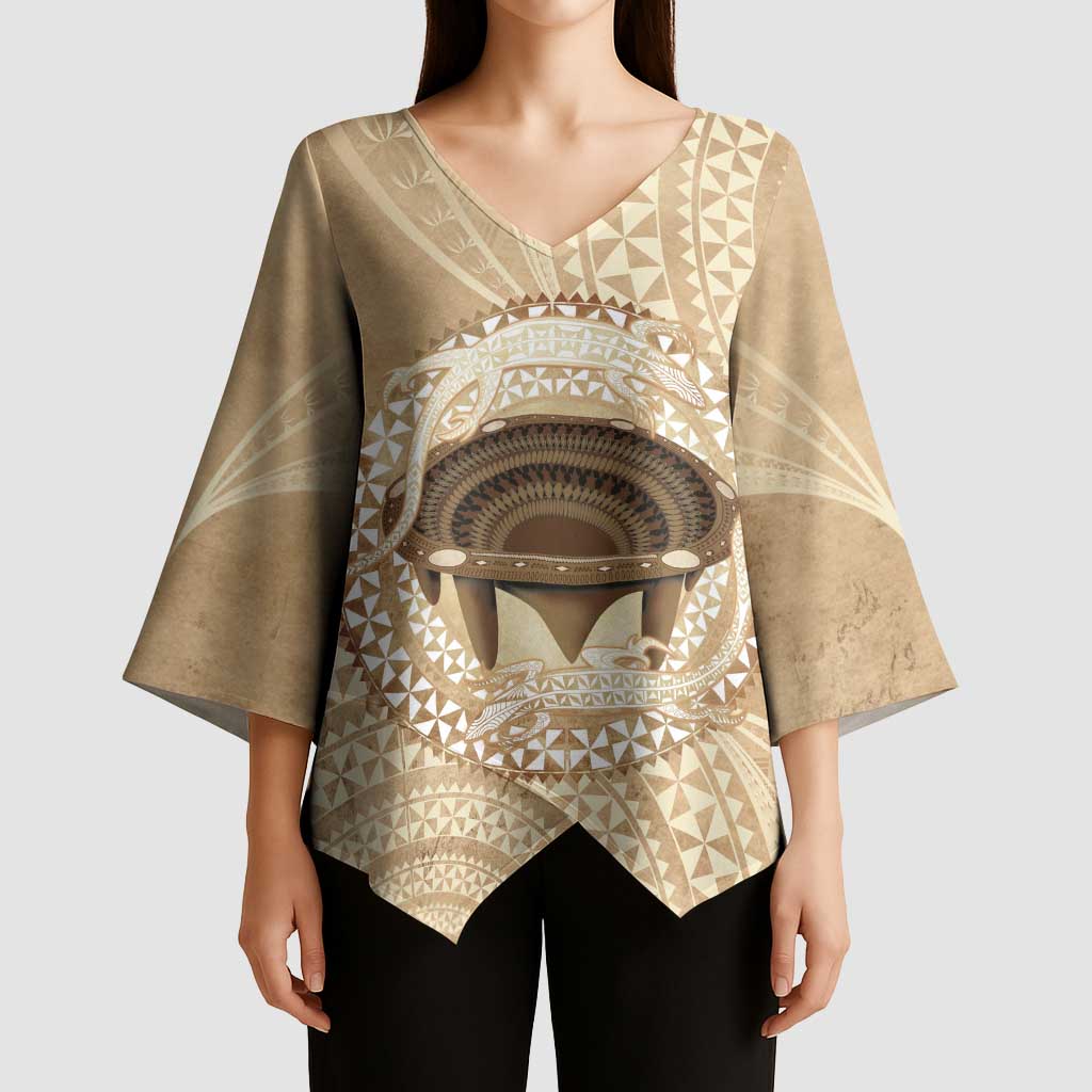 Tonga Skink Kava Bowl Kimono Sleeve Blouse Vintage Tongan Ngatu Pattern