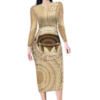 Tonga Skink Kava Bowl Long Sleeve Bodycon Dress Vintage Tongan Ngatu Pattern