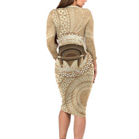 Tonga Skink Kava Bowl Long Sleeve Bodycon Dress Vintage Tongan Ngatu Pattern