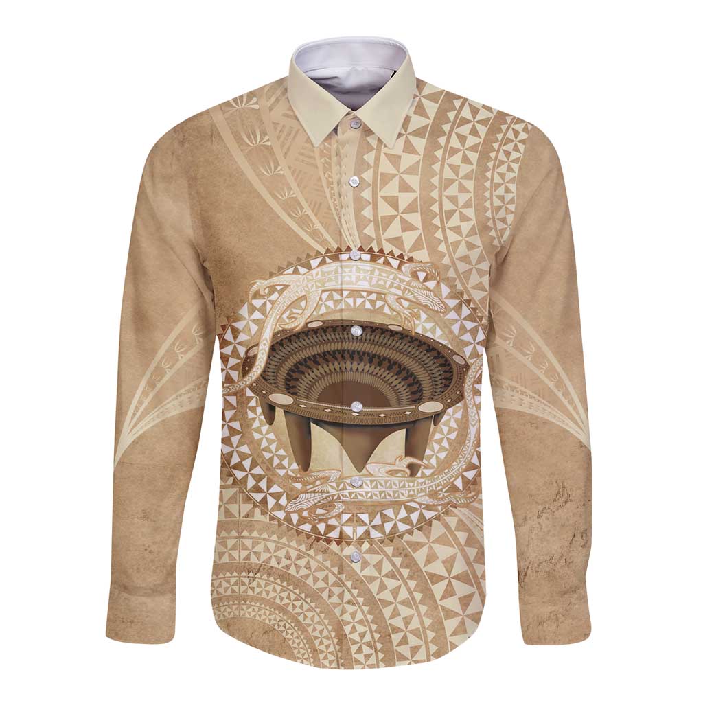 Tonga Skink Kava Bowl Long Sleeve Button Shirt Vintage Tongan Ngatu Pattern LT14 Unisex Brown - Polynesian Pride
