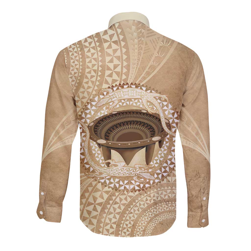 Tonga Skink Kava Bowl Long Sleeve Button Shirt Vintage Tongan Ngatu Pattern LT14 - Polynesian Pride