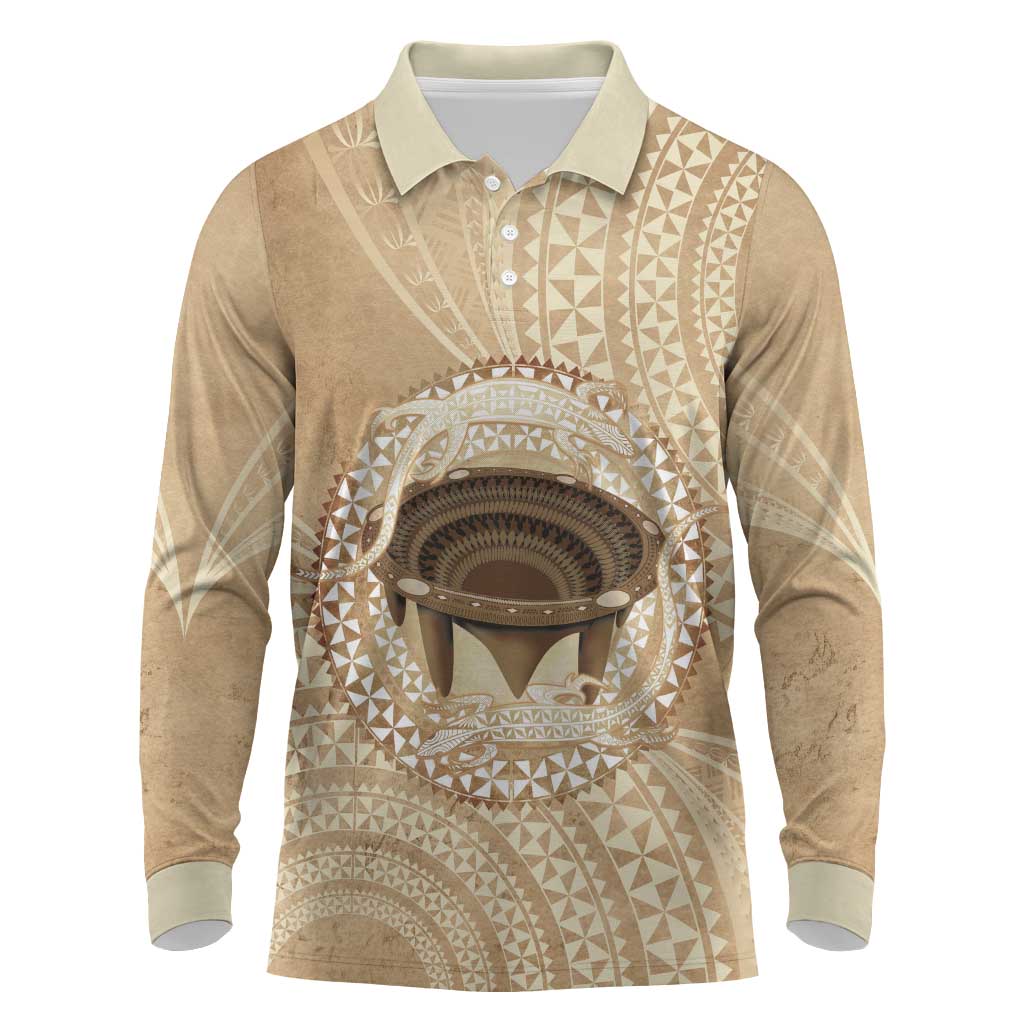 Tonga Skink Kava Bowl Long Sleeve Polo Shirt Vintage Tongan Ngatu Pattern LT14 Brown - Polynesian Pride