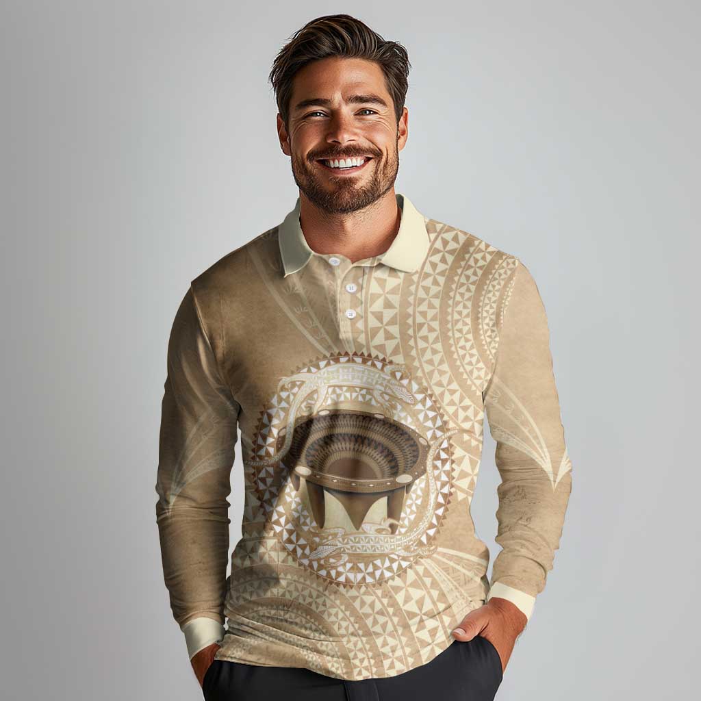 Tonga Skink Kava Bowl Long Sleeve Polo Shirt Vintage Tongan Ngatu Pattern LT14 - Polynesian Pride