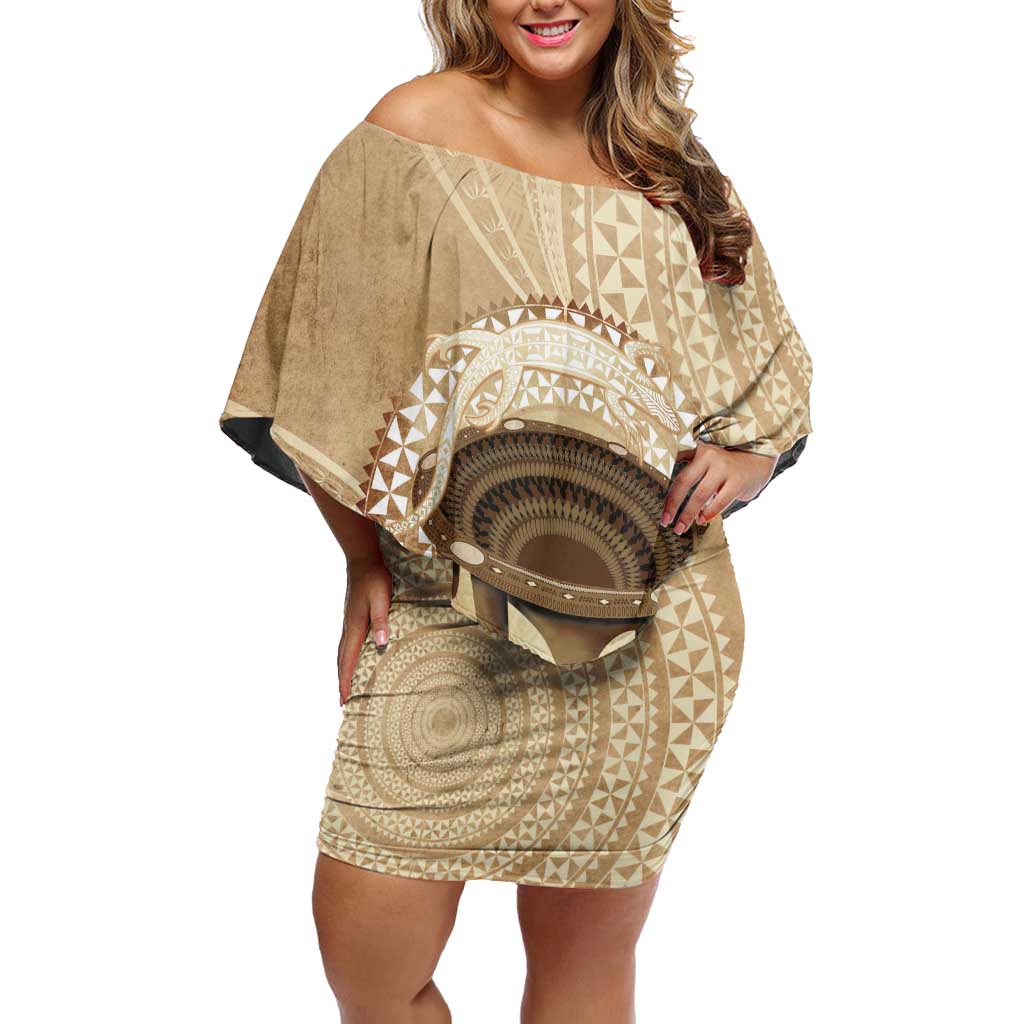 Tonga Skink Kava Bowl Off Shoulder Short Dress Vintage Tongan Ngatu Pattern