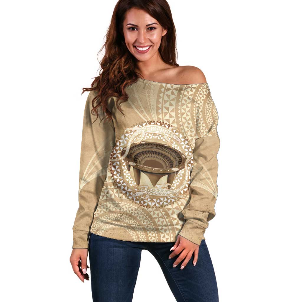 Tonga Skink Kava Bowl Off Shoulder Sweater Vintage Tongan Ngatu Pattern LT14 Women Brown - Polynesian Pride