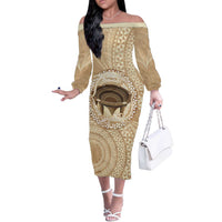 Tonga Skink Kava Bowl Off The Shoulder Long Sleeve Dress Vintage Tongan Ngatu Pattern