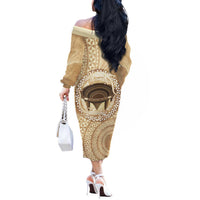 Tonga Skink Kava Bowl Off The Shoulder Long Sleeve Dress Vintage Tongan Ngatu Pattern