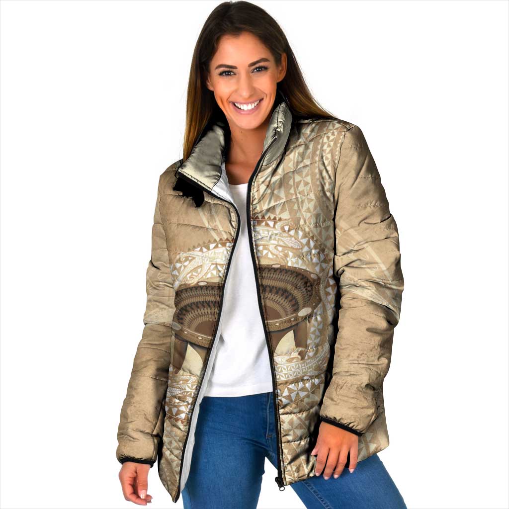 Tonga Skink Kava Bowl Padded Jacket Vintage Tongan Ngatu Pattern LT14 Women Brown - Polynesian Pride
