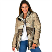 Tonga Skink Kava Bowl Padded Jacket Vintage Tongan Ngatu Pattern LT14 Women Brown - Polynesian Pride