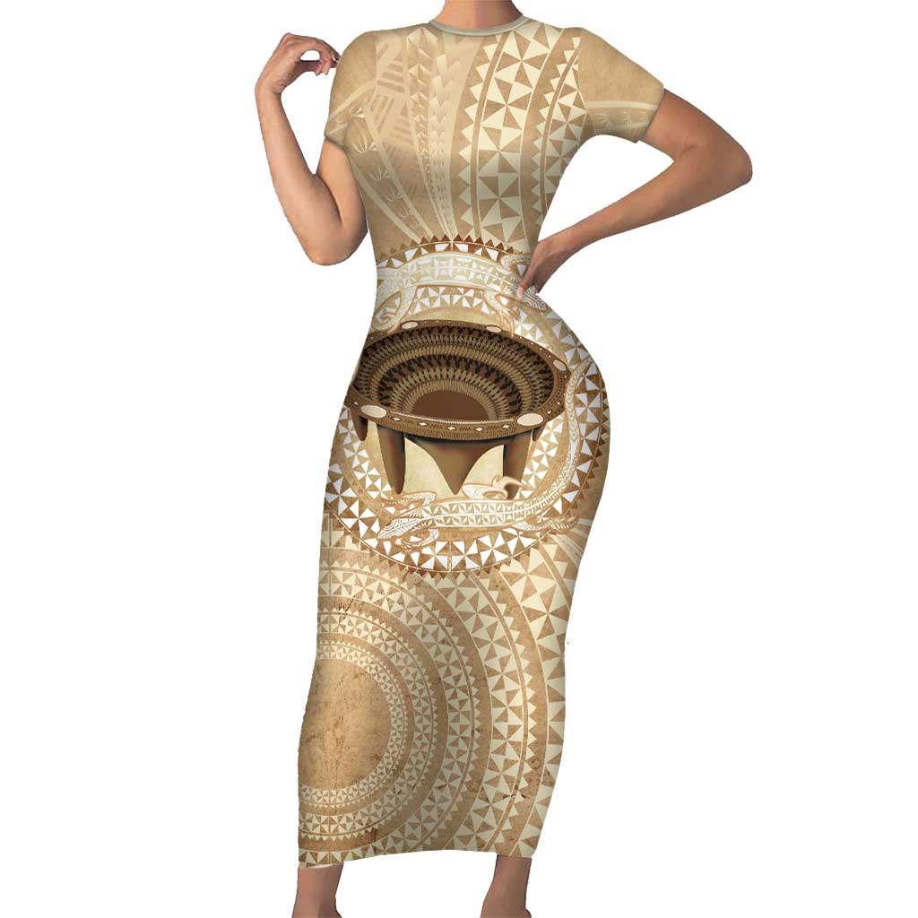 Tonga Skink Kava Bowl Short Sleeve Bodycon Dress Vintage Tongan Ngatu Pattern LT14 Long Dress Brown - Polynesian Pride