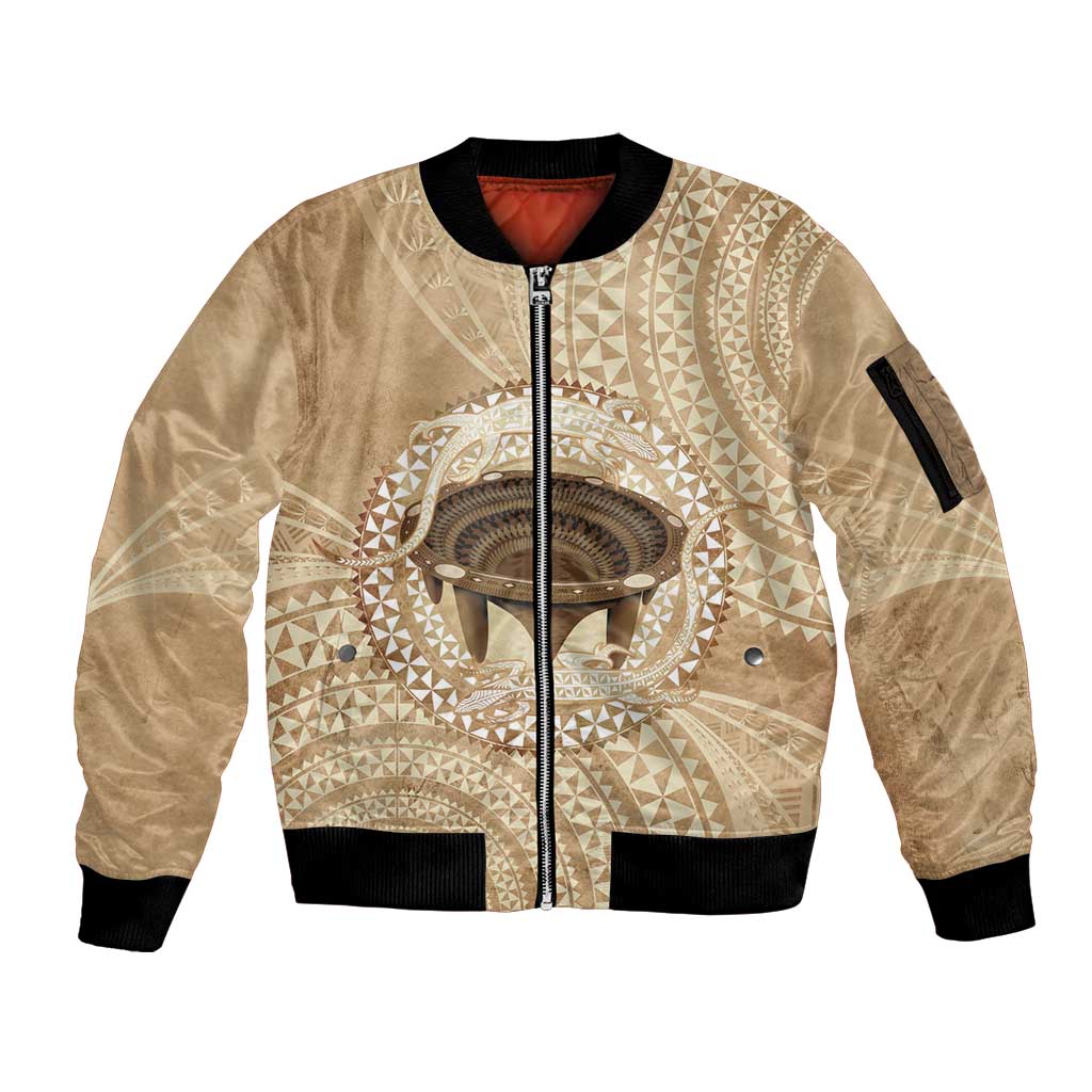 Tonga Skink Kava Bowl Sleeve Zip Bomber Jacket Vintage Tongan Ngatu Pattern