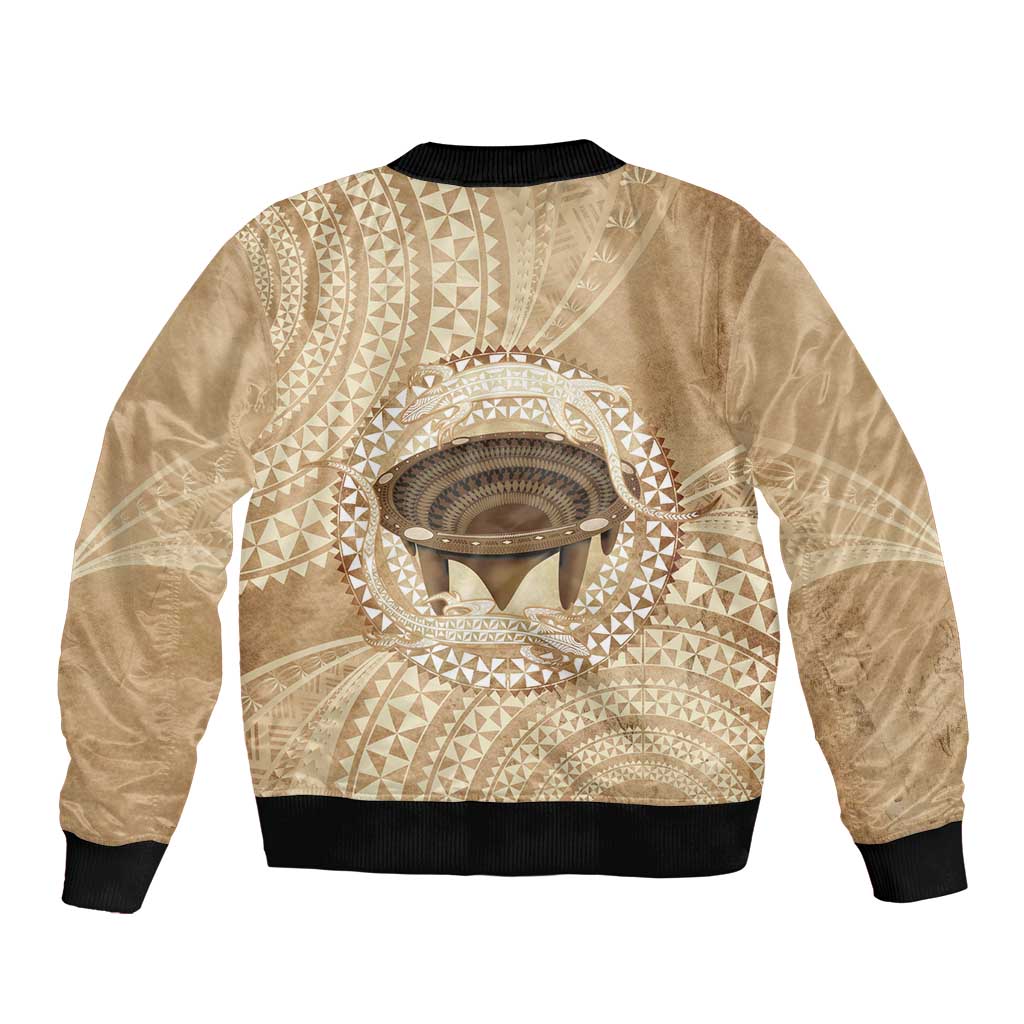 Tonga Skink Kava Bowl Sleeve Zip Bomber Jacket Vintage Tongan Ngatu Pattern