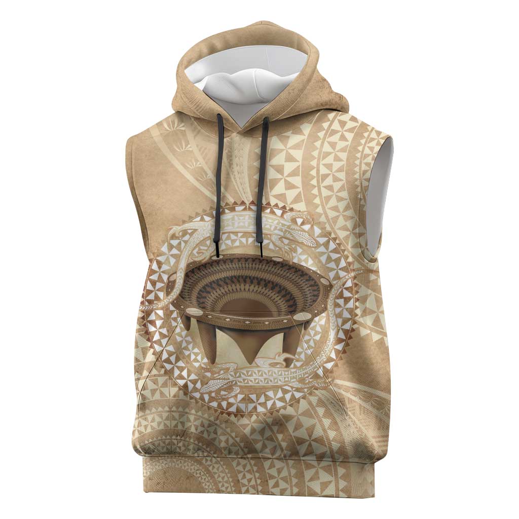 Tonga Skink Kava Bowl Sleeveless Hoodie Vintage Tongan Ngatu Pattern LT14 Brown - Polynesian Pride