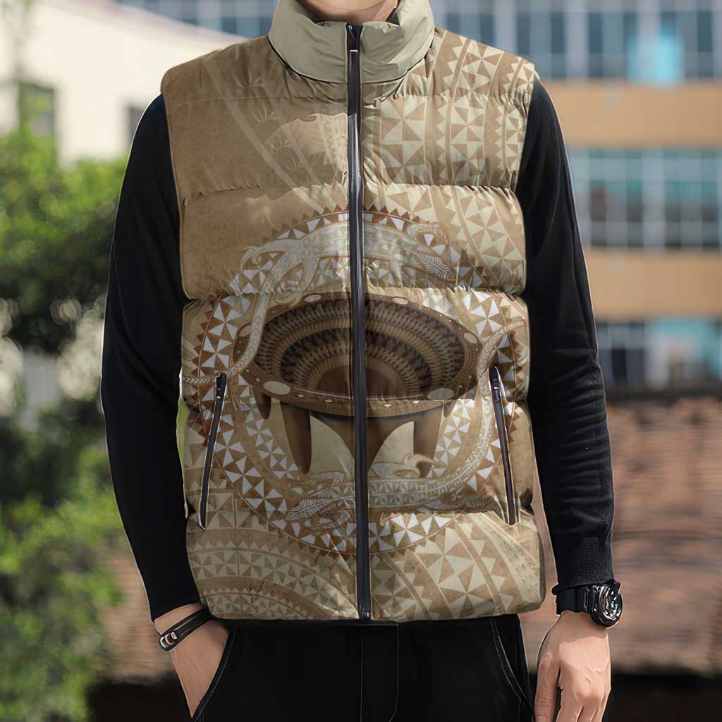 Tonga Skink Kava Bowl Sleeveless Puffer Jacket Vintage Tongan Ngatu Pattern LT14 - Polynesian Pride