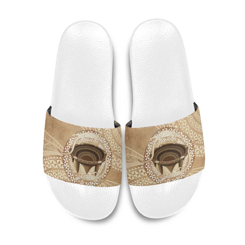 Tonga Skink Kava Bowl Slide Sandals Vintage Tongan Ngatu Pattern LT14 Brown - Polynesian Pride