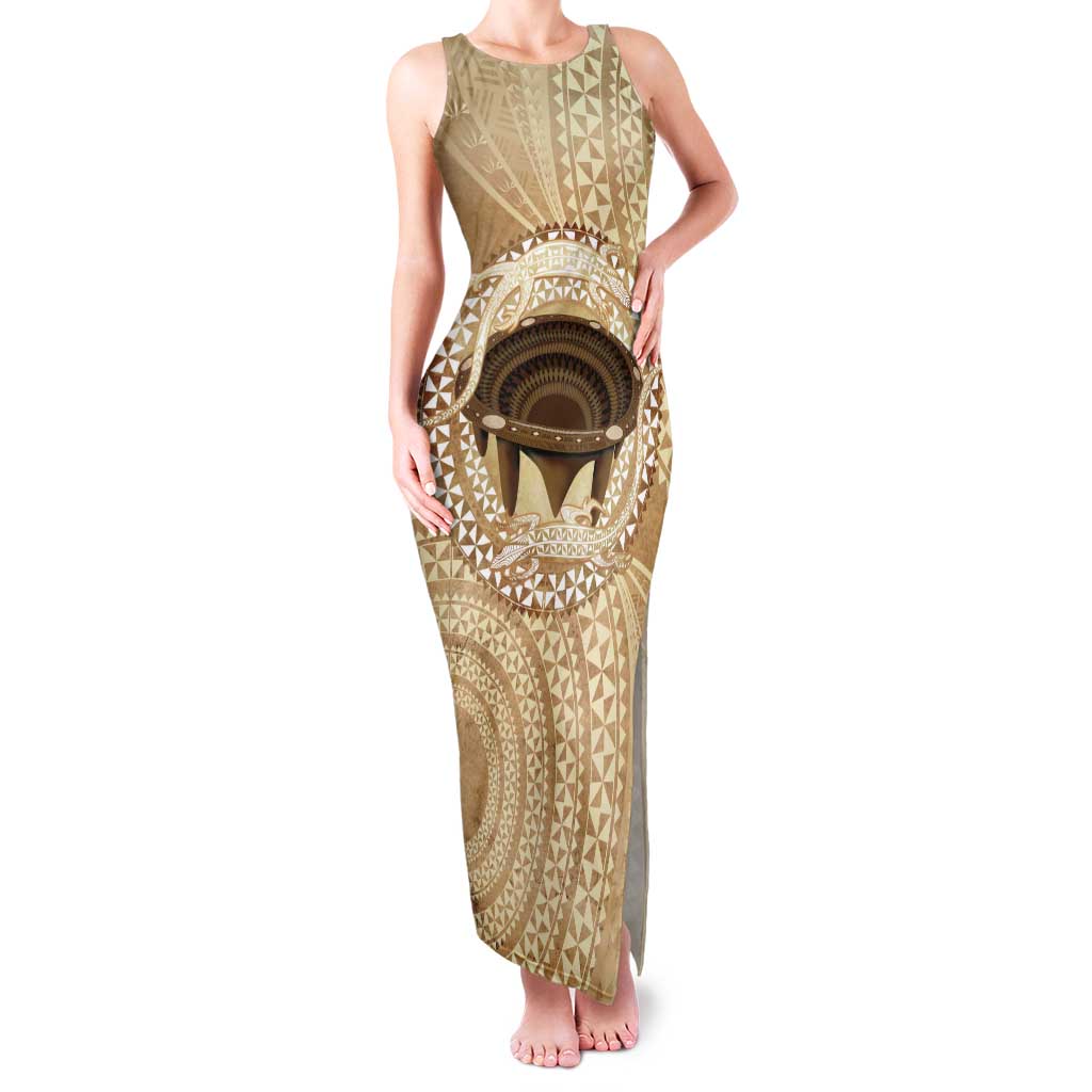 Tonga Skink Kava Bowl Tank Maxi Dress Vintage Tongan Ngatu Pattern LT14 Women Brown - Polynesian Pride