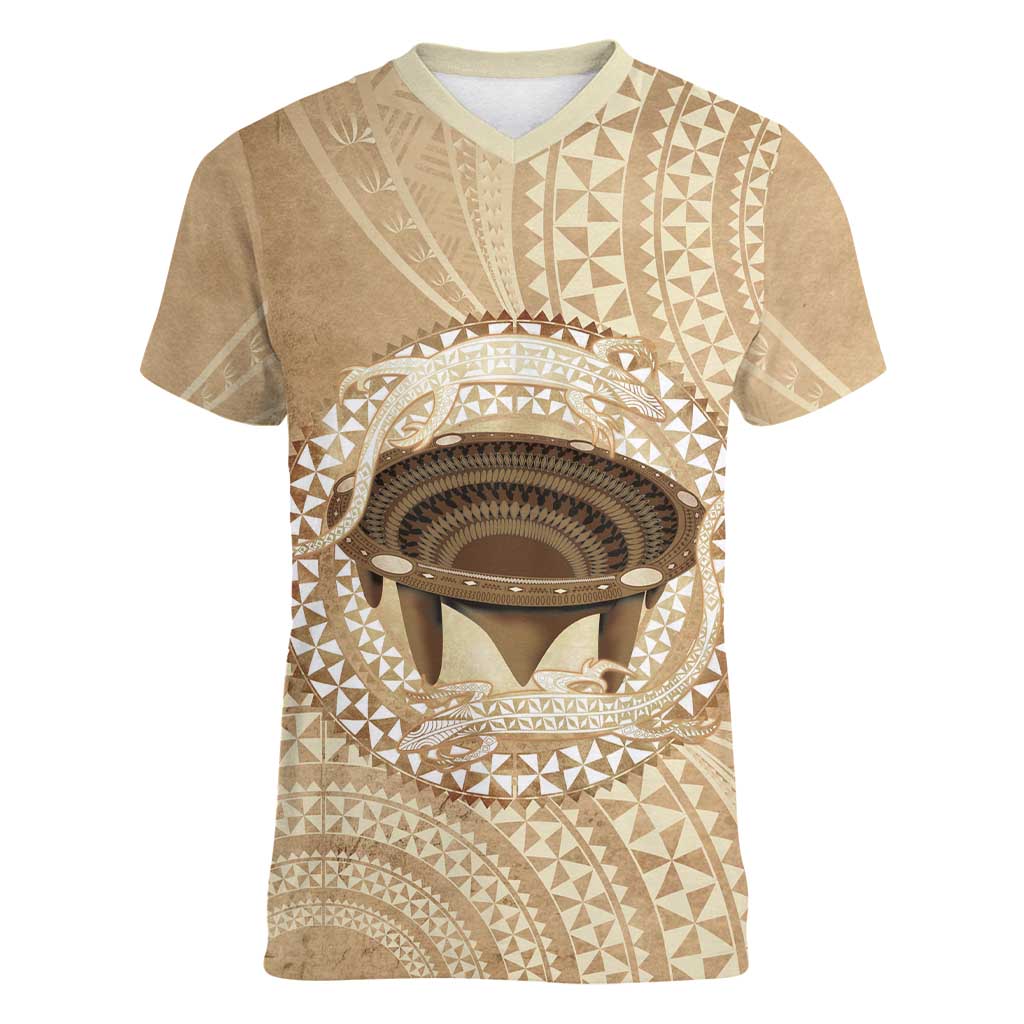 Tonga Skink Kava Bowl Women V-Neck T-Shirt Vintage Tongan Ngatu Pattern LT14 Female Brown - Polynesian Pride