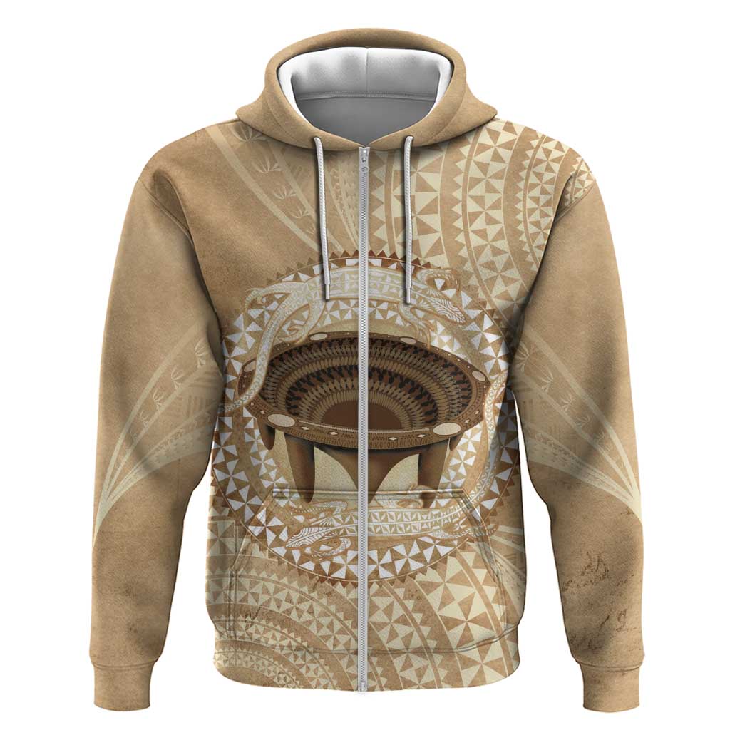Tonga Skink Kava Bowl Zip Hoodie Vintage Tongan Ngatu Pattern LT14 Zip Hoodie Brown - Polynesian Pride