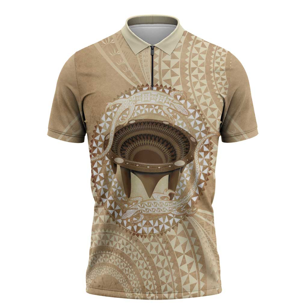 Tonga Skink Kava Bowl Zipper Polo Shirt Vintage Tongan Ngatu Pattern LT14 Brown - Polynesian Pride