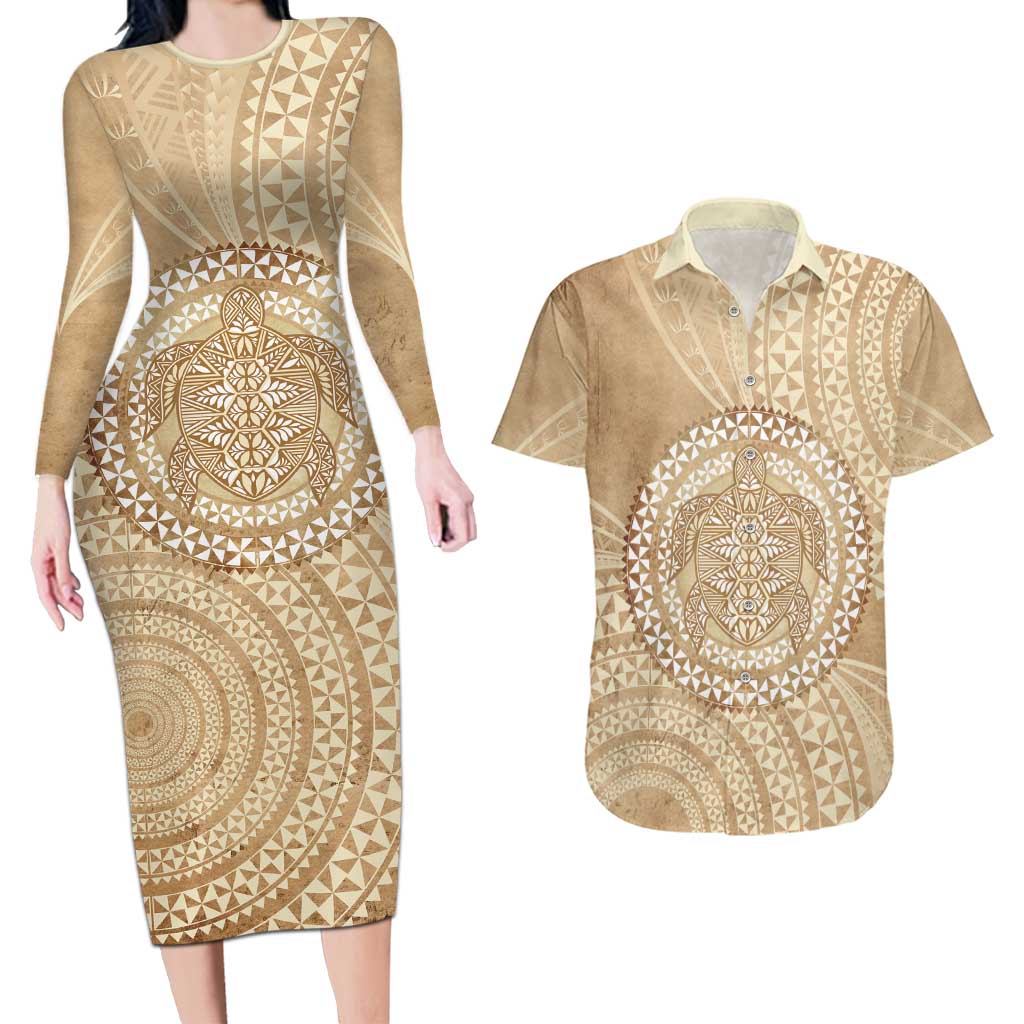 Tonga Ngatu Turtle Couples Matching Long Sleeve Bodycon Dress and Hawaiian Shirt Vintage Tongan Tapa Cloth LT14 Brown - Polynesian Pride